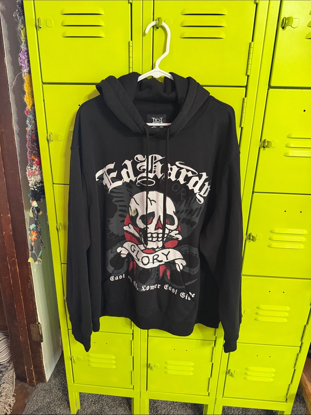 Ed Hardy Black Hoodie with Red and White Skull Graphic